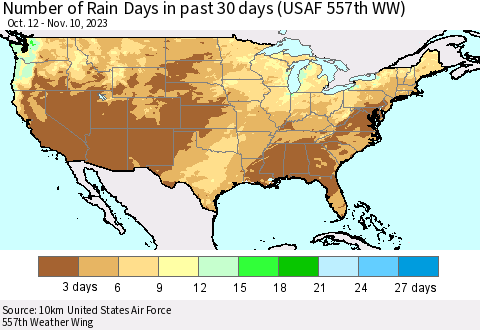United States Number of Rain Days in past 30 days (USAF 557th WW) 11/10/2023 Thematic Map For 11/6/2023 - 11/10/2023