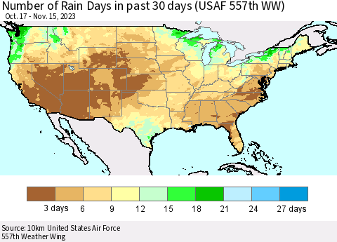 United States Number of Rain Days in past 30 days (USAF 557th WW) 11/15/2023 Thematic Map For 11/11/2023 - 11/15/2023