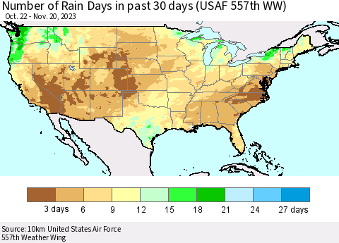 United States Number of Rain Days in past 30 days (USAF 557th WW) 11/20/2023 Thematic Map For 11/16/2023 - 11/20/2023