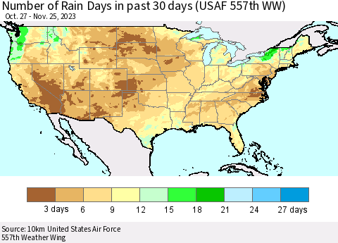 United States Number of Rain Days in past 30 days (USAF 557th WW) 11/25/2023 Thematic Map For 11/21/2023 - 11/25/2023