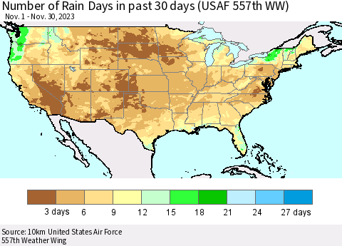 United States Number of Rain Days in past 30 days (USAF 557th WW) 11/30/2023 Thematic Map For 11/26/2023 - 11/30/2023