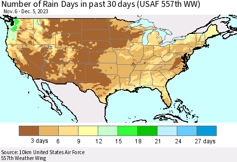 United States Number of Rain Days in past 30 days (USAF 557th WW) 12/05/2023 Thematic Map For 12/1/2023 - 12/5/2023