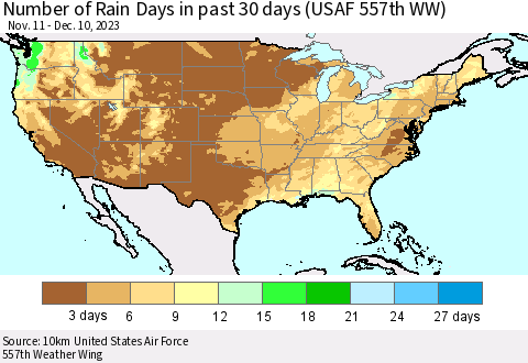 United States Number of Rain Days in past 30 days (USAF 557th WW) 12/10/2023 Thematic Map For 12/6/2023 - 12/10/2023