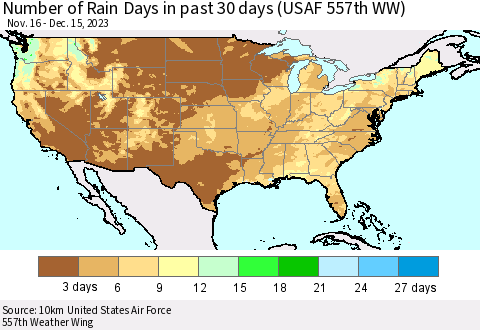 United States Number of Rain Days in past 30 days (USAF 557th WW) 12/15/2023 Thematic Map For 12/11/2023 - 12/15/2023