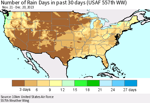 United States Number of Rain Days in past 30 days (USAF 557th WW) 12/20/2023 Thematic Map For 12/16/2023 - 12/20/2023
