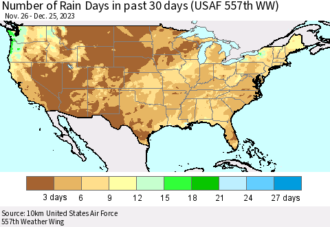 United States Number of Rain Days in past 30 days (USAF 557th WW) 12/25/2023 Thematic Map For 12/21/2023 - 12/25/2023