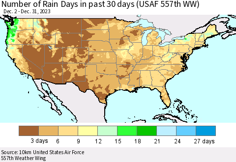 United States Number of Rain Days in past 30 days (USAF 557th WW) 12/31/2023 Thematic Map For 12/26/2023 - 12/31/2023