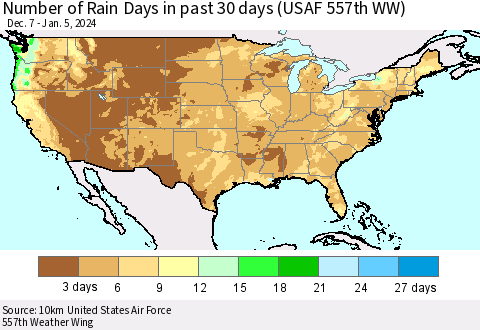 United States Number of Rain Days in past 30 days (USAF 557th WW) 01/05/2024 Thematic Map For 1/1/2024 - 1/5/2024