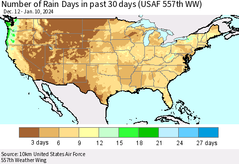 United States Number of Rain Days in past 30 days (USAF 557th WW) 01/10/2024 Thematic Map For 1/6/2024 - 1/10/2024