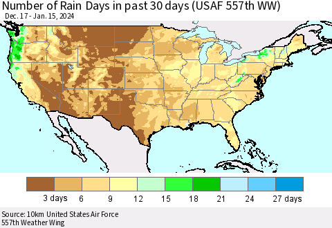 United States Number of Rain Days in past 30 days (USAF 557th WW) 01/15/2024 Thematic Map For 1/11/2024 - 1/15/2024