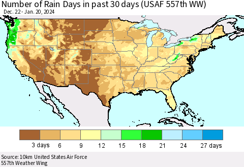 United States Number of Rain Days in past 30 days (USAF 557th WW) 01/20/2024 Thematic Map For 1/16/2024 - 1/20/2024