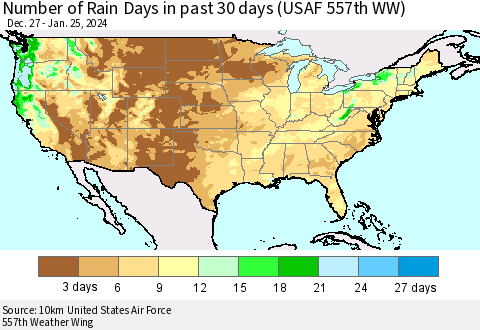 United States Number of Rain Days in past 30 days (USAF 557th WW) 01/25/2024 Thematic Map For 1/21/2024 - 1/25/2024