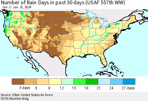 United States Number of Rain Days in past 30 days (USAF 557th WW) 01/31/2024 Thematic Map For 1/26/2024 - 1/31/2024