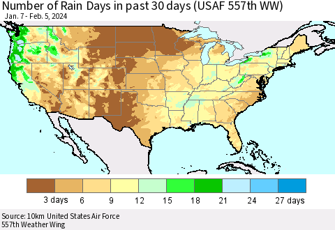 United States Number of Rain Days in past 30 days (USAF 557th WW) 02/05/2024 Thematic Map For 2/1/2024 - 2/5/2024