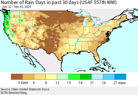 United States Number of Rain Days in past 30 days (USAF 557th WW) 02/10/2024 Thematic Map For 2/6/2024 - 2/10/2024