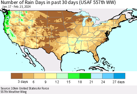 United States Number of Rain Days in past 30 days (USAF 557th WW) 02/15/2024 Thematic Map For 2/11/2024 - 2/15/2024
