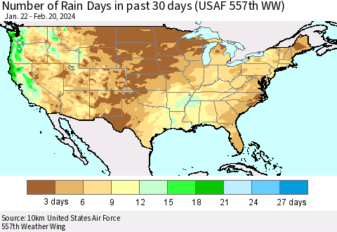 United States Number of Rain Days in past 30 days (USAF 557th WW) 02/20/2024 Thematic Map For 2/16/2024 - 2/20/2024