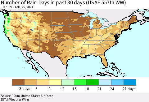 United States Number of Rain Days in past 30 days (USAF 557th WW) 02/25/2024 Thematic Map For 2/21/2024 - 2/25/2024
