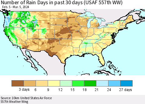 United States Number of Rain Days in past 30 days (USAF 557th WW) 03/05/2024 Thematic Map For 3/1/2024 - 3/5/2024