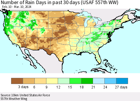 United States Number of Rain Days in past 30 days (USAF 557th WW) 03/10/2024 Thematic Map For 3/6/2024 - 3/10/2024