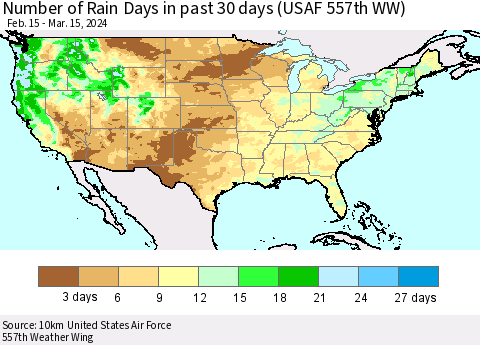 United States Number of Rain Days in past 30 days (USAF 557th WW) 03/15/2024 Thematic Map For 3/11/2024 - 3/15/2024