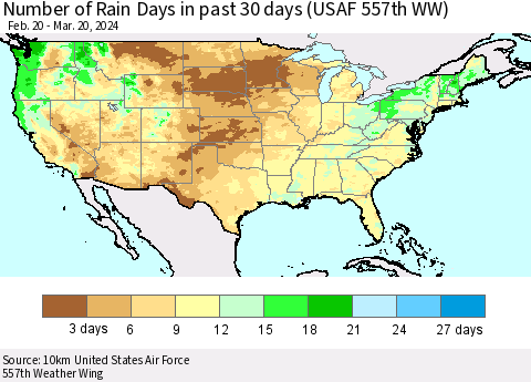 United States Number of Rain Days in past 30 days (USAF 557th WW) 03/20/2024 Thematic Map For 3/16/2024 - 3/20/2024