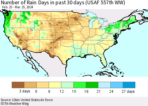 United States Number of Rain Days in past 30 days (USAF 557th WW) 03/25/2024 Thematic Map For 3/21/2024 - 3/25/2024