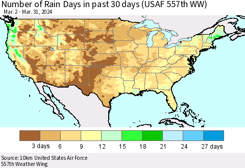 United States Number of Rain Days in past 30 days (USAF 557th WW) 03/31/2024 Thematic Map For 3/26/2024 - 3/31/2024