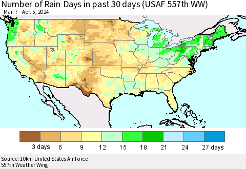 United States Number of Rain Days in past 30 days (USAF 557th WW) 04/05/2024 Thematic Map For 4/1/2024 - 4/5/2024