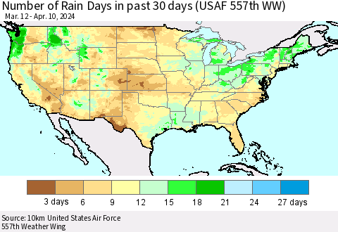 United States Number of Rain Days in past 30 days (USAF 557th WW) 04/10/2024 Thematic Map For 4/6/2024 - 4/10/2024