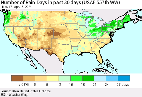 United States Number of Rain Days in past 30 days (USAF 557th WW) 04/15/2024 Thematic Map For 4/11/2024 - 4/15/2024