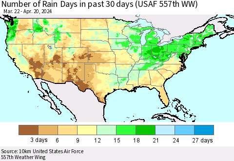 United States Number of Rain Days in past 30 days (USAF 557th WW) 04/20/2024 Thematic Map For 4/16/2024 - 4/20/2024