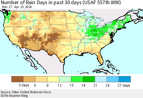 United States Number of Rain Days in past 30 days (USAF 557th WW) 04/25/2024 Thematic Map For 4/21/2024 - 4/25/2024