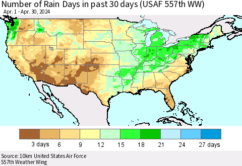 United States Number of Rain Days in past 30 days (USAF 557th WW) 04/30/2024 Thematic Map For 4/26/2024 - 4/30/2024