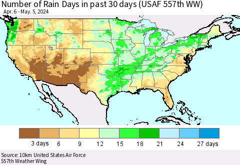 United States Number of Rain Days in past 30 days (USAF 557th WW) 05/05/2024 Thematic Map For 5/1/2024 - 5/5/2024