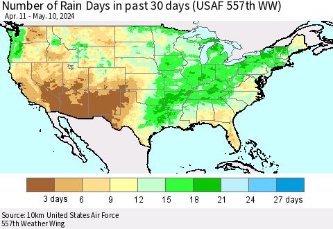 United States Number of Rain Days in past 30 days (USAF 557th WW) 05/10/2024 Thematic Map For 5/6/2024 - 5/10/2024