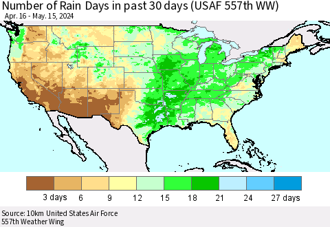 United States Number of Rain Days in past 30 days (USAF 557th WW) 05/15/2024 Thematic Map For 5/11/2024 - 5/15/2024