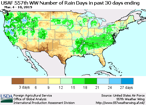 United States Number of Rain Days in past 30 days (USAF 557th WW) 03/10/2019 Thematic Map For 3/4/2019 - 3/10/2019