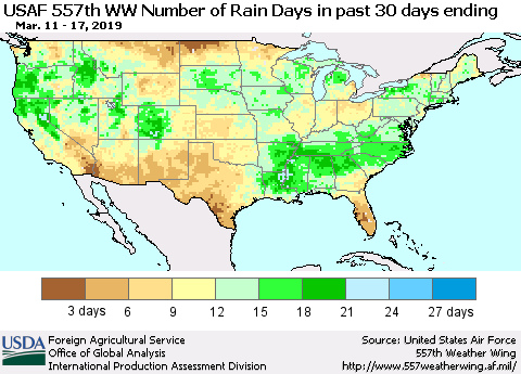 United States Number of Rain Days in past 30 days (USAF 557th WW) 03/17/2019 Thematic Map For 3/11/2019 - 3/17/2019
