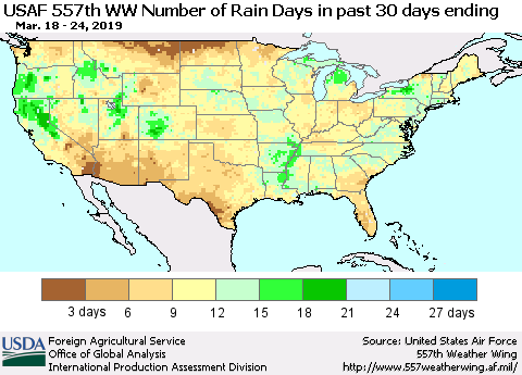 United States Number of Rain Days in past 30 days (USAF 557th WW) 03/24/2019 Thematic Map For 3/18/2019 - 3/24/2019