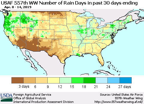United States Number of Rain Days in past 30 days (USAF 557th WW) 04/14/2019 Thematic Map For 4/8/2019 - 4/14/2019