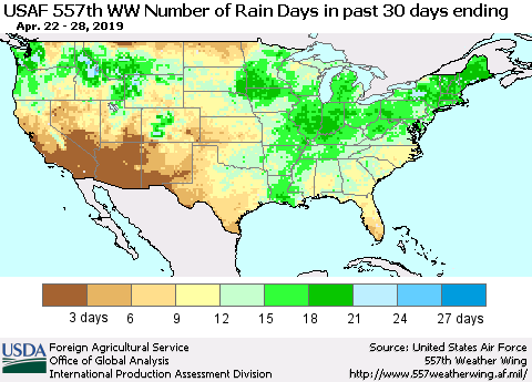 United States Number of Rain Days in past 30 days (USAF 557th WW) 04/28/2019 Thematic Map For 4/22/2019 - 4/28/2019
