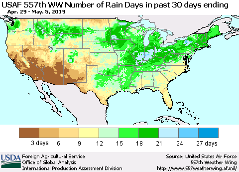 United States Number of Rain Days in past 30 days (USAF 557th WW) 05/05/2019 Thematic Map For 4/29/2019 - 5/5/2019
