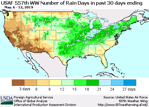 United States Number of Rain Days in past 30 days (USAF 557th WW) 05/12/2019 Thematic Map For 5/6/2019 - 5/12/2019