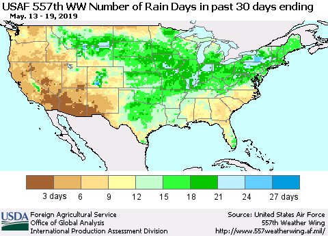 United States Number of Rain Days in past 30 days (USAF 557th WW) 05/19/2019 Thematic Map For 5/13/2019 - 5/19/2019