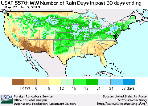 United States Number of Rain Days in past 30 days (USAF 557th WW) 06/02/2019 Thematic Map For 5/27/2019 - 6/2/2019