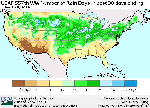 United States Number of Rain Days in past 30 days (USAF 557th WW) 06/09/2019 Thematic Map For 6/3/2019 - 6/9/2019