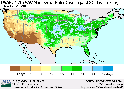 United States Number of Rain Days in past 30 days (USAF 557th WW) 06/23/2019 Thematic Map For 6/17/2019 - 6/23/2019