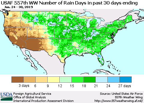 United States Number of Rain Days in past 30 days (USAF 557th WW) 06/30/2019 Thematic Map For 6/24/2019 - 6/30/2019