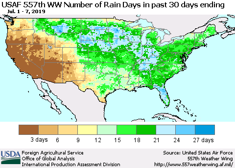 United States Number of Rain Days in past 30 days (USAF 557th WW) 07/07/2019 Thematic Map For 7/1/2019 - 7/7/2019
